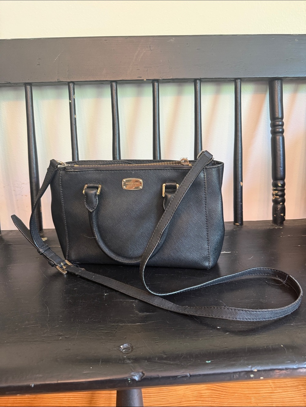 Michael Kors Black Crossbody Satchel with Gold-Tone Plaque
